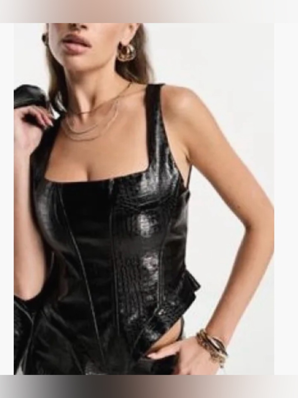 naked wardrobe Black Faux Leather Lace-Up Corset top Croc embossed XL